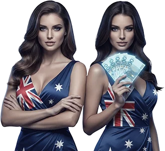 Two hostesses in Australian flag dresses, one holding a fan of banknotes